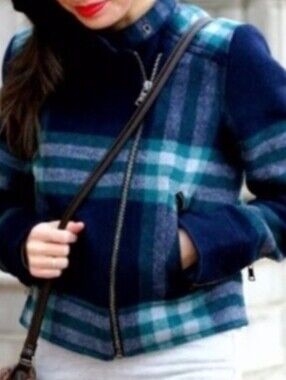 GAP Navy & Teal Plaid Wool-Blend Bomber Jacket Size S